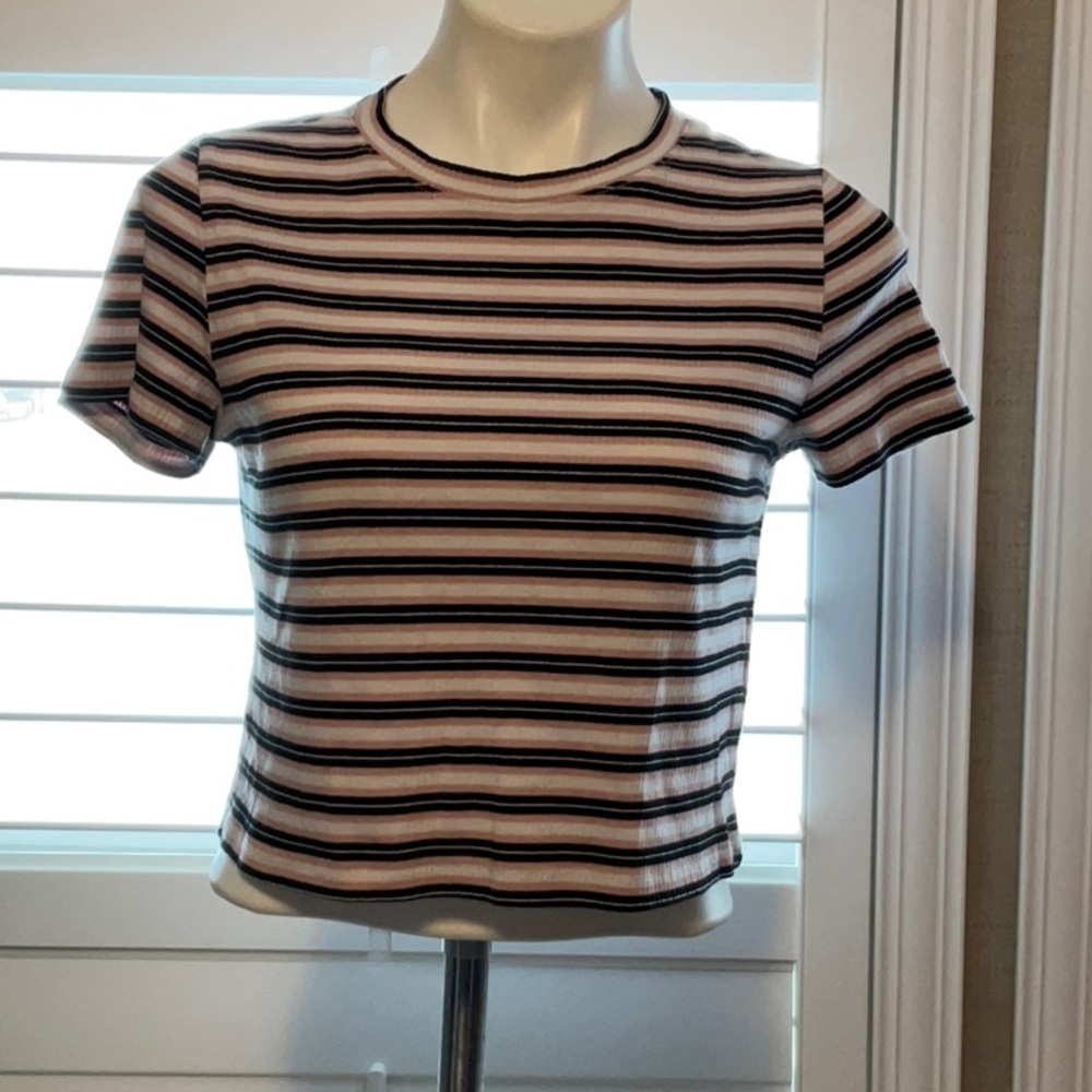 Divided Black and Pink Striped Short Sleeve Top